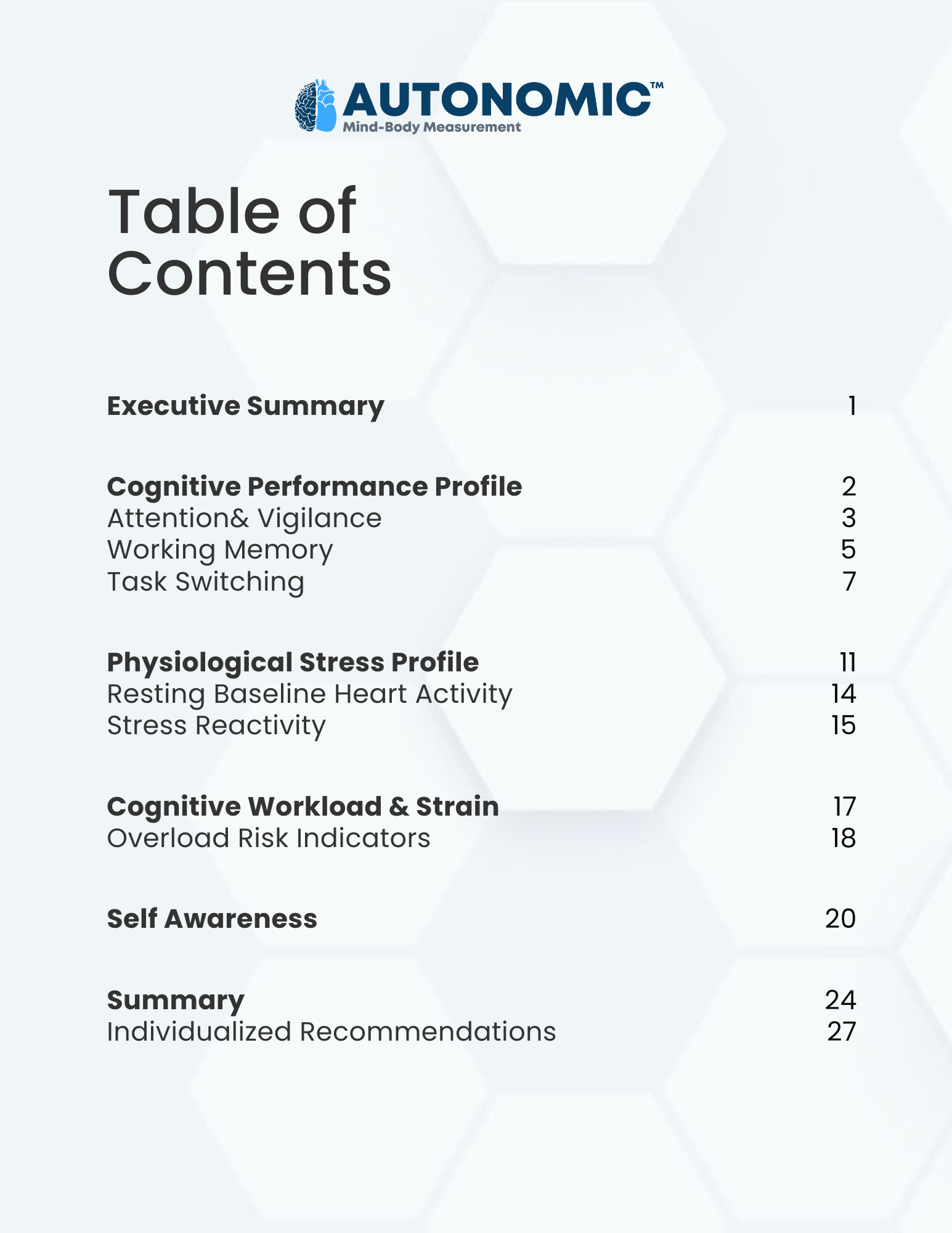 Autonomic report table of contents